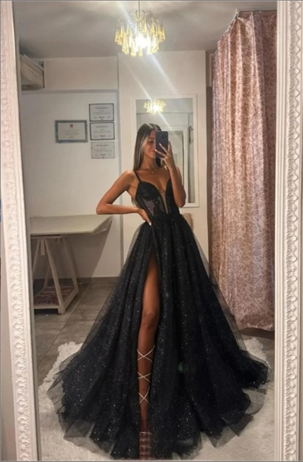 Jessica Black Glitter Prom Sexy Spaghetti Straps And High Slit Evening Dresses Princess Formal Ocns Party Dress 0213