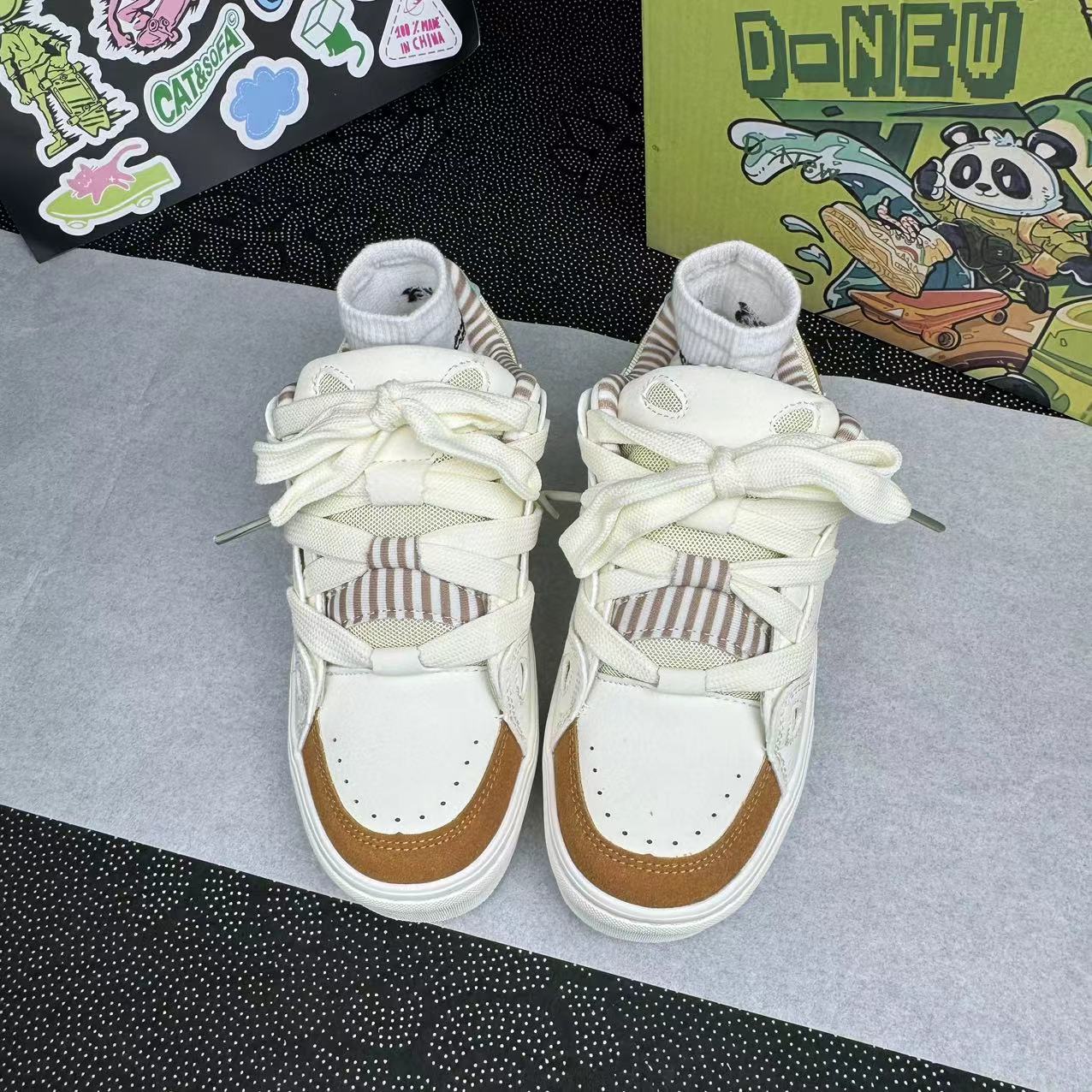 Men's and women's beige brown contrasting splicing breathable casual shoes
