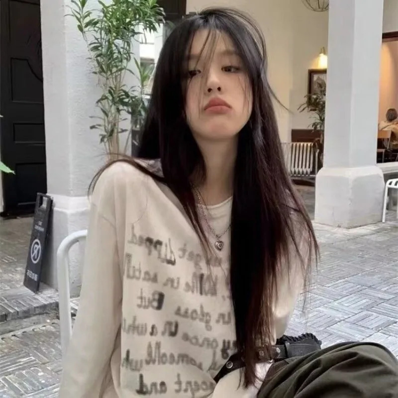 Cotton Y2K top retro spring summer Korean fashion streetwear letter printed loose thin white long sleeved T-shirt for women 240826
