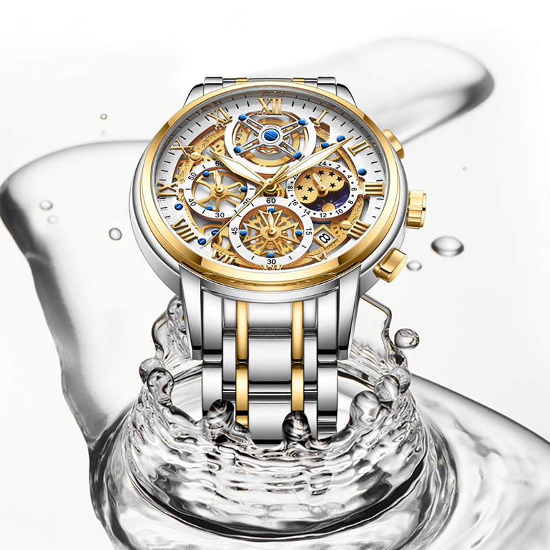 LIGE Men's Quartz Watch Multi-function Chronograph 24-hour Moon Phase Men's Business Waterproof watch stainless steel strap Quarzuhr