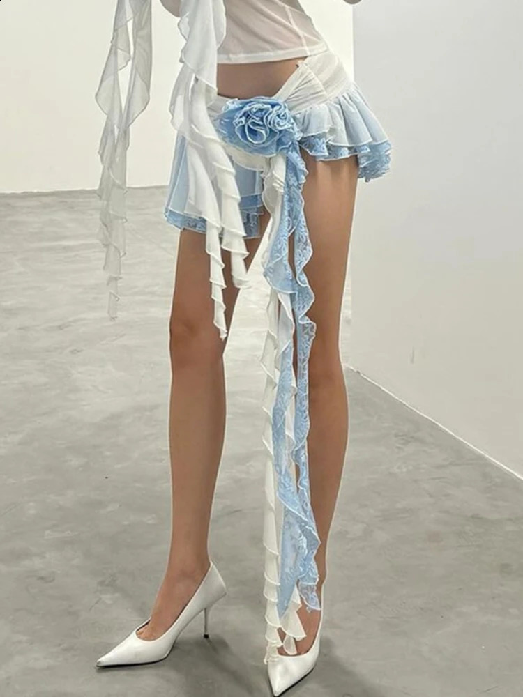 TARUXY Flower Lace Mini Skirts Ladies Asymmetrical Ruffle Slim Female Drape Skirt Womens High Street Y2k Sexy Mini Skirts Women 240725