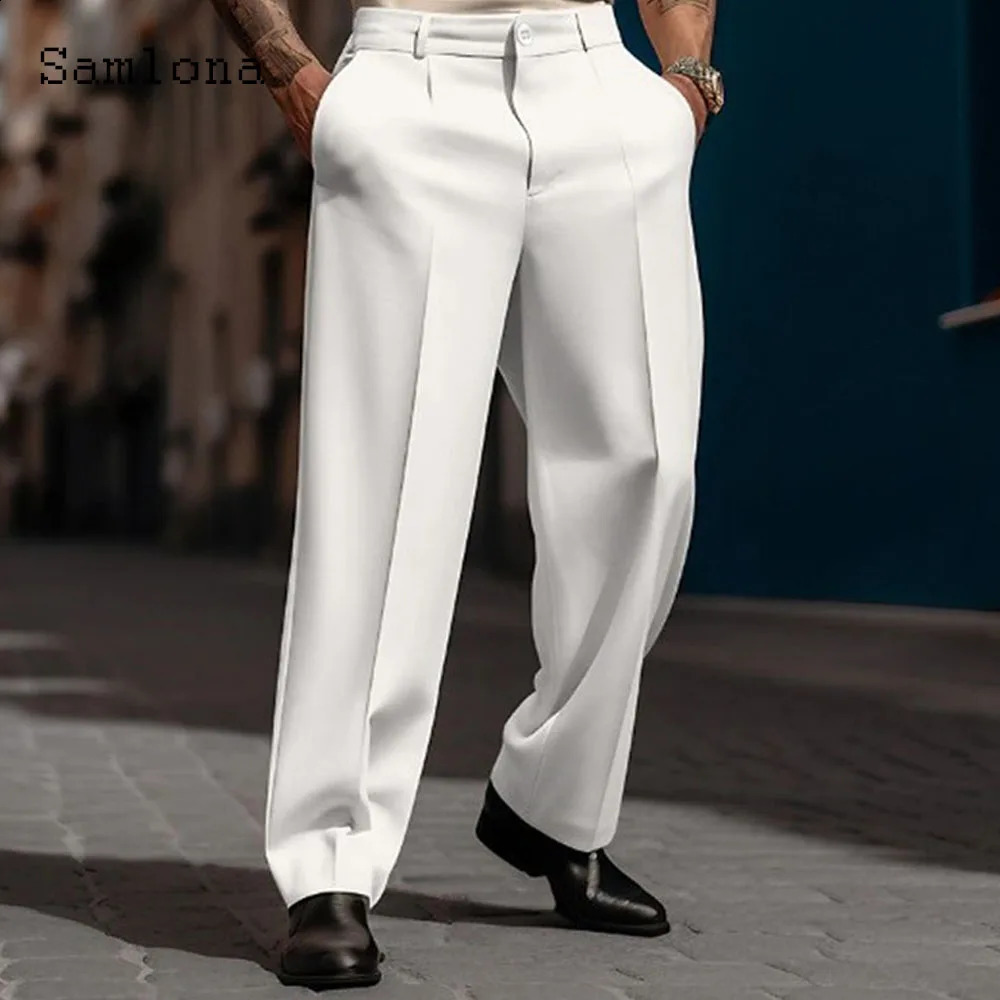Mens Stand Pocket Elegant Wide Leg Pants Solid White Party Wedding Trousers Plus Size Mens Fashion Buttons Up Suit Pants 240715
