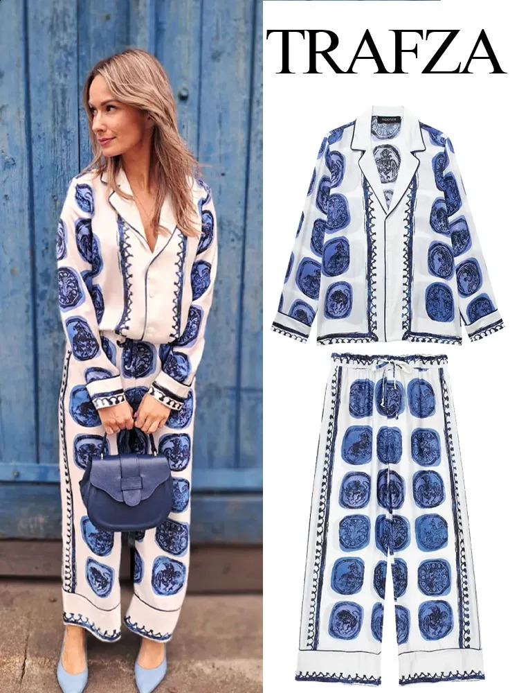 TRAFZA Women Suits Print Turn-Down Collar Long Sleeves Single Breasted Casual ShirtsHigh Waist Pockets Zipper Wide Leg Pants 240724