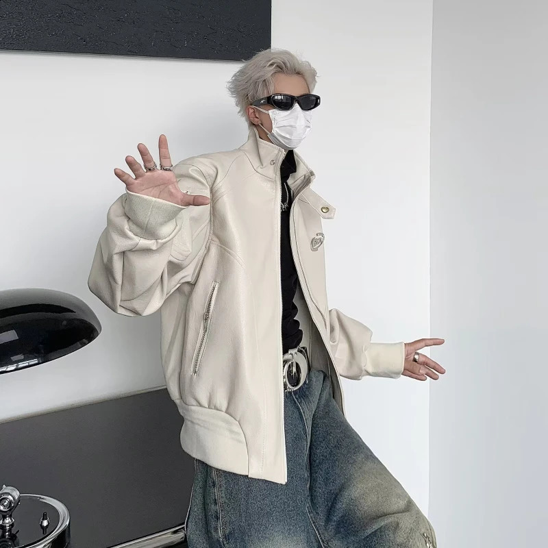 Punk Leather Jacket Mens Spring Standing Collar Trendy High Street Coats Y2k Streetwear Hip Hop Motorcycle Outwear 240723