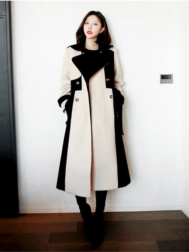 DEAT Woman Trench Coat Color Block With Belt Notched Full Sleeve Elegant High Street Style Autumn Fashion 15TT172 240716