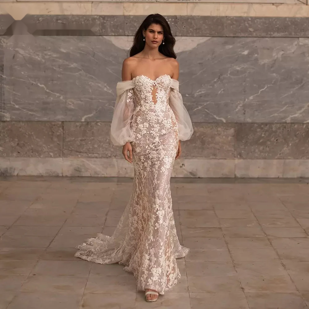 Osquernovia Exquisite Wedding Dresses for Mariages Lantern Sleeves Appliques Strapless Trumpet Lace Up Chapel Train