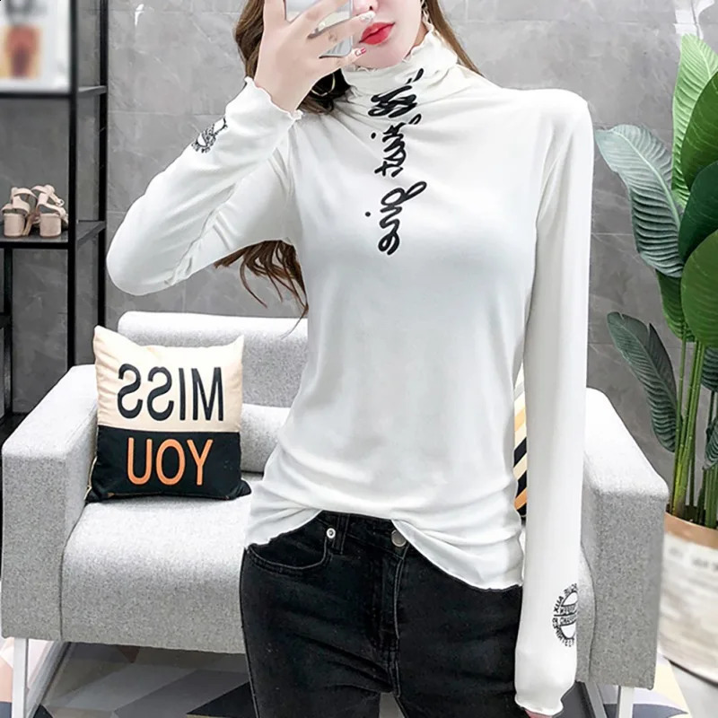 Womens simple casual thick letter printed T-shirt womens fashionable ultra-thin high neck long sleeved bottom wild casual T-shirt 240826
