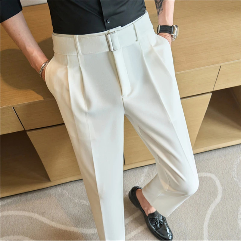 British style autumn belt decoration n set mens Naples high waist casual slim suitable for social folds Trouser 240828