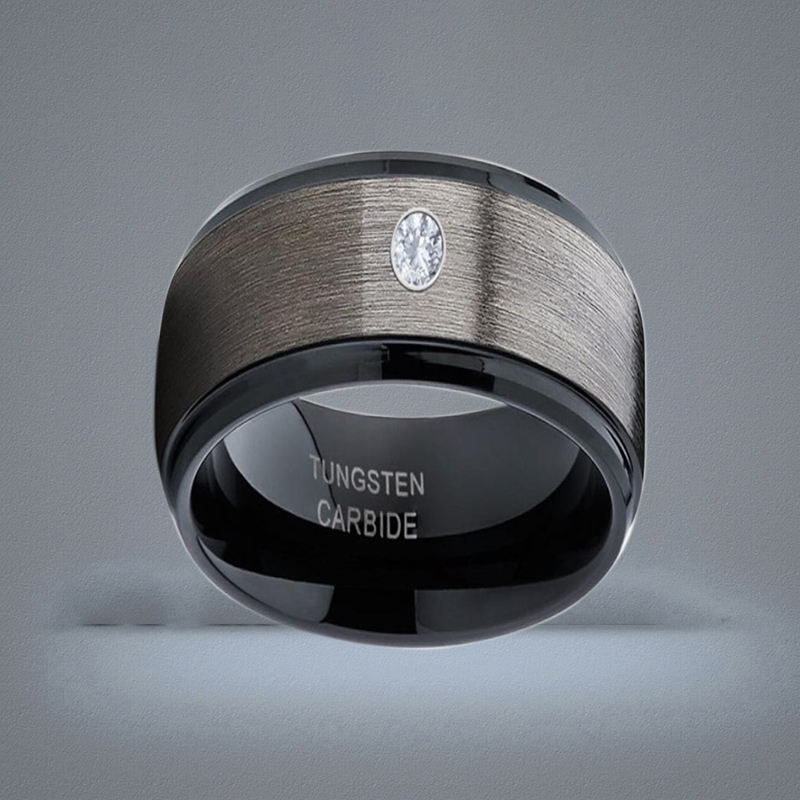 Men039s 8mm Silver Brushed Black edge Tungsten Carbide Ring Diamond wedding band Jewelry for Men US Size 613
