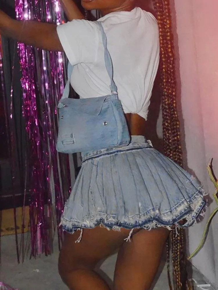 Weird Puss Pleated Mini Skirts Women Summer Trend Denim Vintage Y2K Fashion Wild Streetwear Casual Hipster A-Line Skirt Bottoms 240812