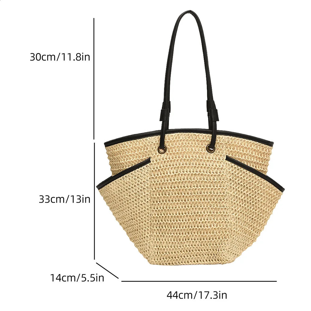 Large grass beach bag womens summer handbag with multiple pockets shopping y casual shoulder 240913