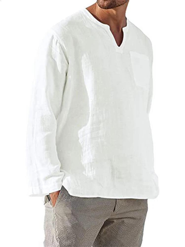 Mens Cotton Linen T Shirt Long Sleeve Hippie Casual Beach Vintage V-Neck Loose Pullover Tops Mens Tees Streetwear 240812