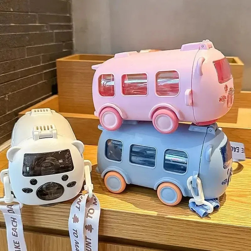 500ml Cute Bear Portable Water Bottle With Shoulder Strap Kid Car Straw Water Cup Bus Shape Childrens Water Bottle Drinking Cup 240725