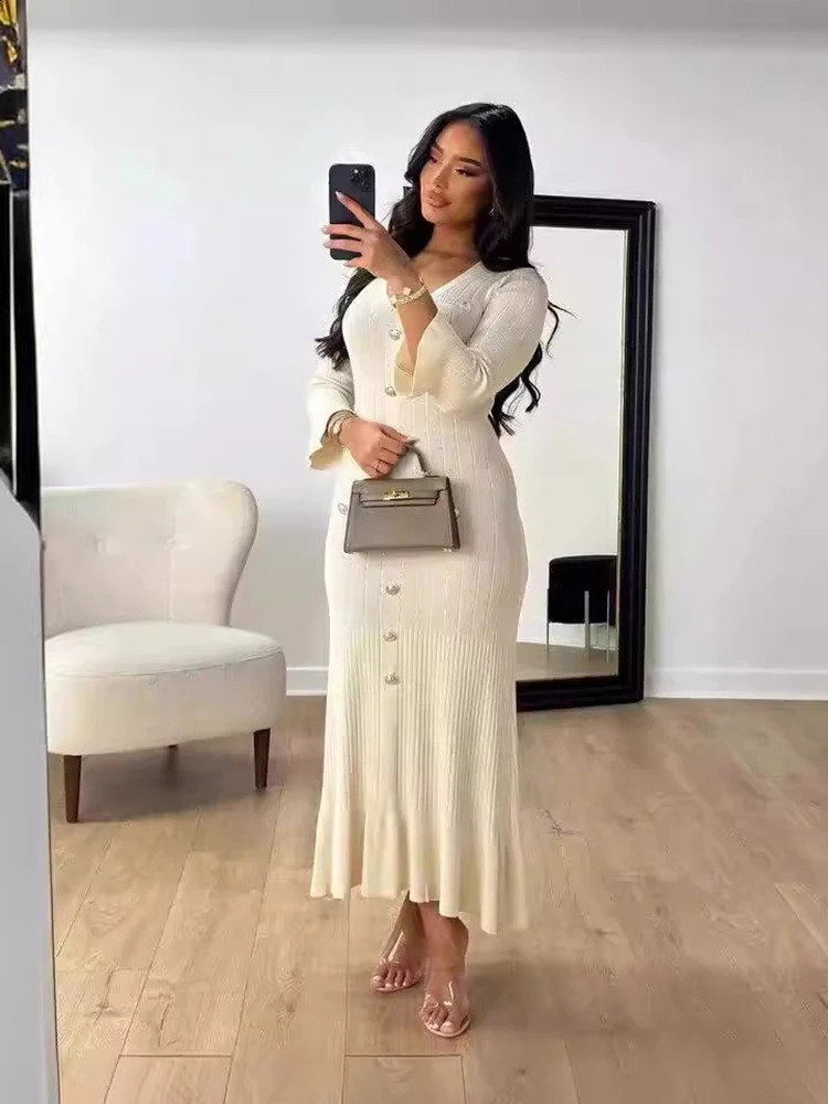 Elegant Knitted Long Dress Women Flare Sleelve V Neck Ruffles Single Breasted Bodycon Dresses Party Fashion Office Lady Vestidos 251020