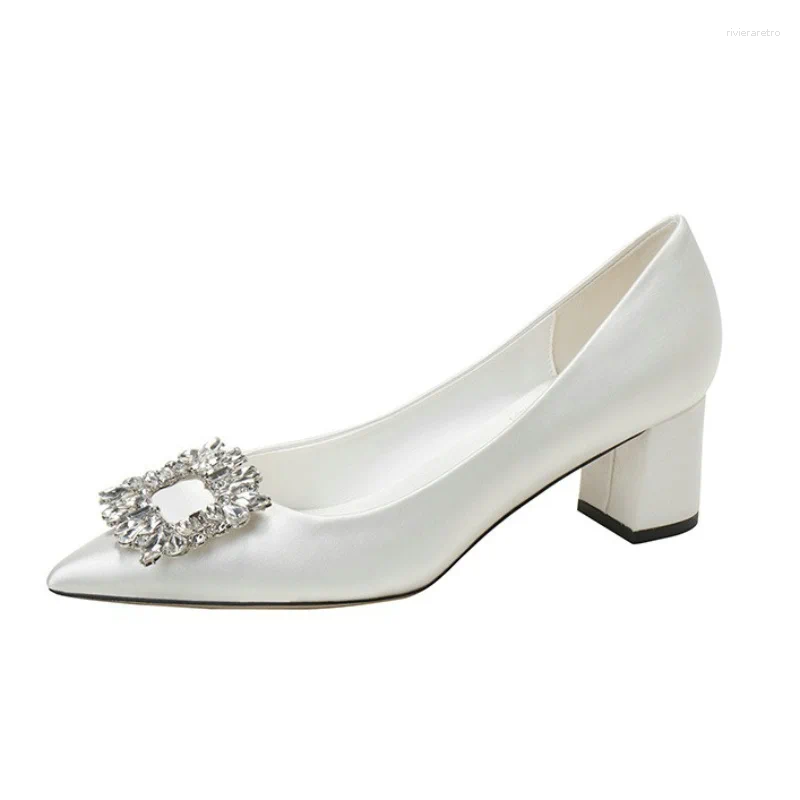 Dress Shoes White Thick Heels Wedding 2024 Bridal Dia Buckle Pregnant Women Pumps