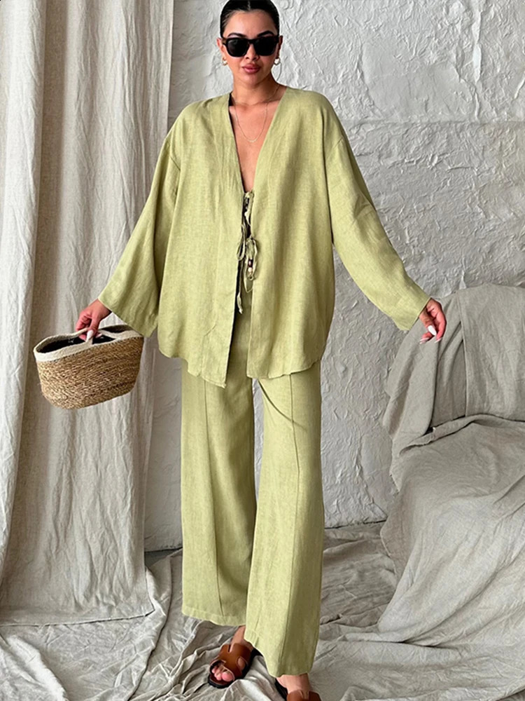 Cotton Two Piece Set Women Casual Lace Up Bow V Nack Female Shirt Suits Wide Leg Pants Autumn in Matching Lady Outfits 240725