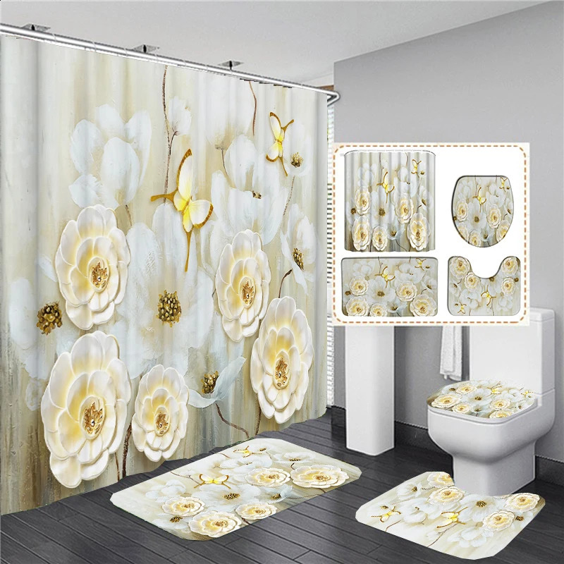 Elegant Bouquet of Fantastic White Flowers 3D Style Shower Curtain Bathroom Curtain with Bath Rug Carpet Set Floral Home Decor 240723
