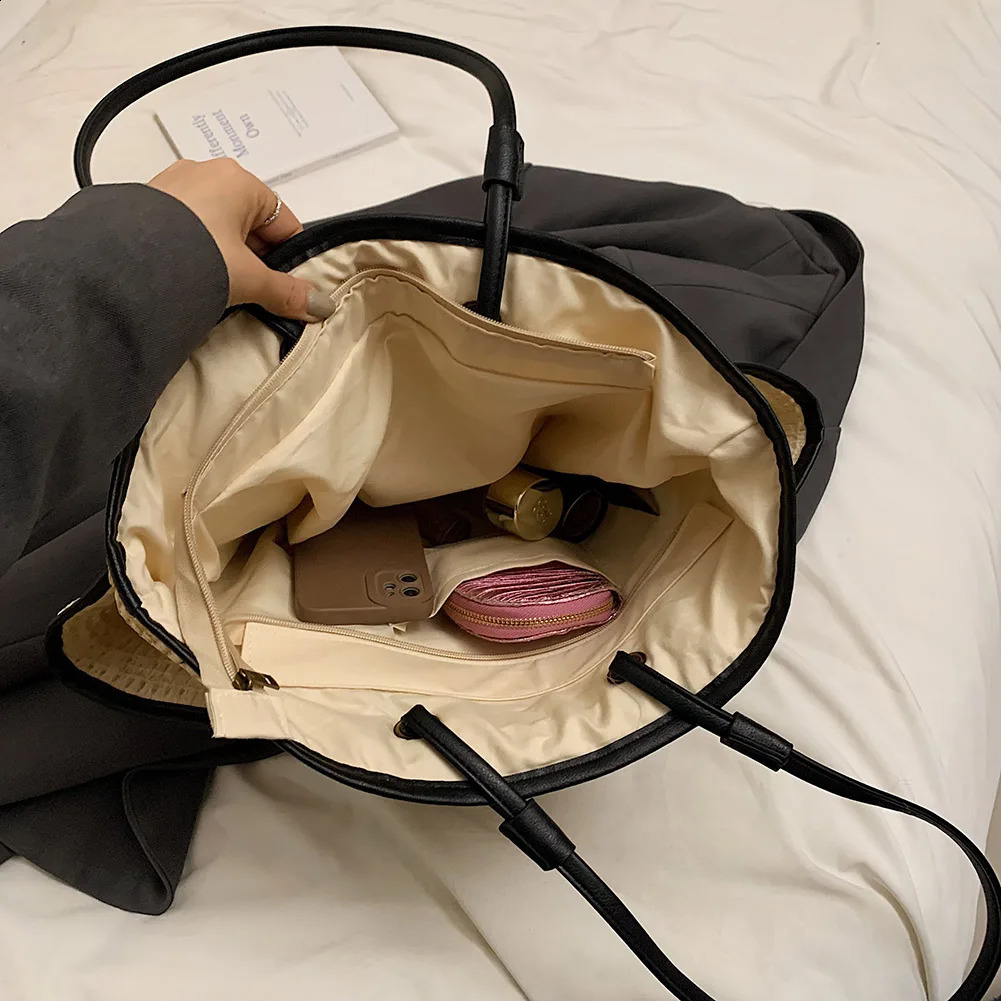 Large grass beach bag womens summer handbag with multiple pockets shopping y casual shoulder 240913