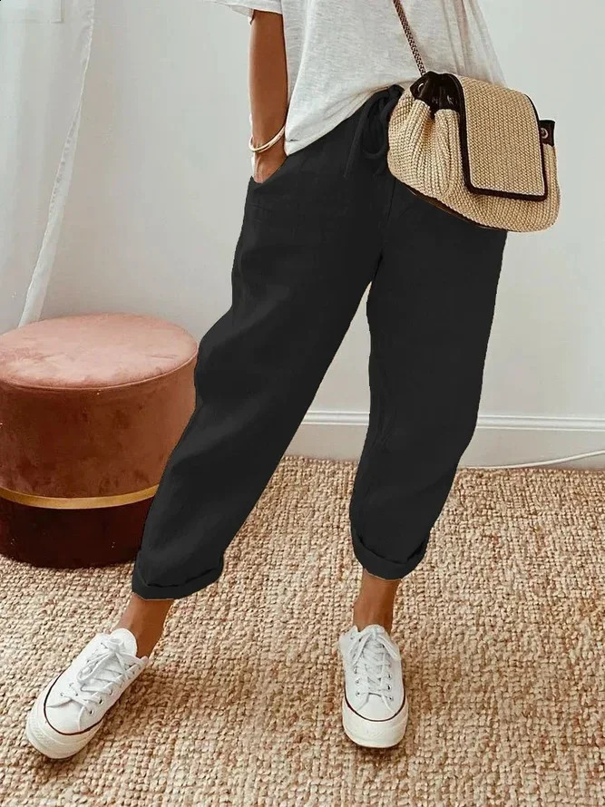 Spring Cotton Linen Womens Pants Black High Wasit Pencil Pants Female Spring Fashion Trendy Loose Casual Ladies Bottoms 240725