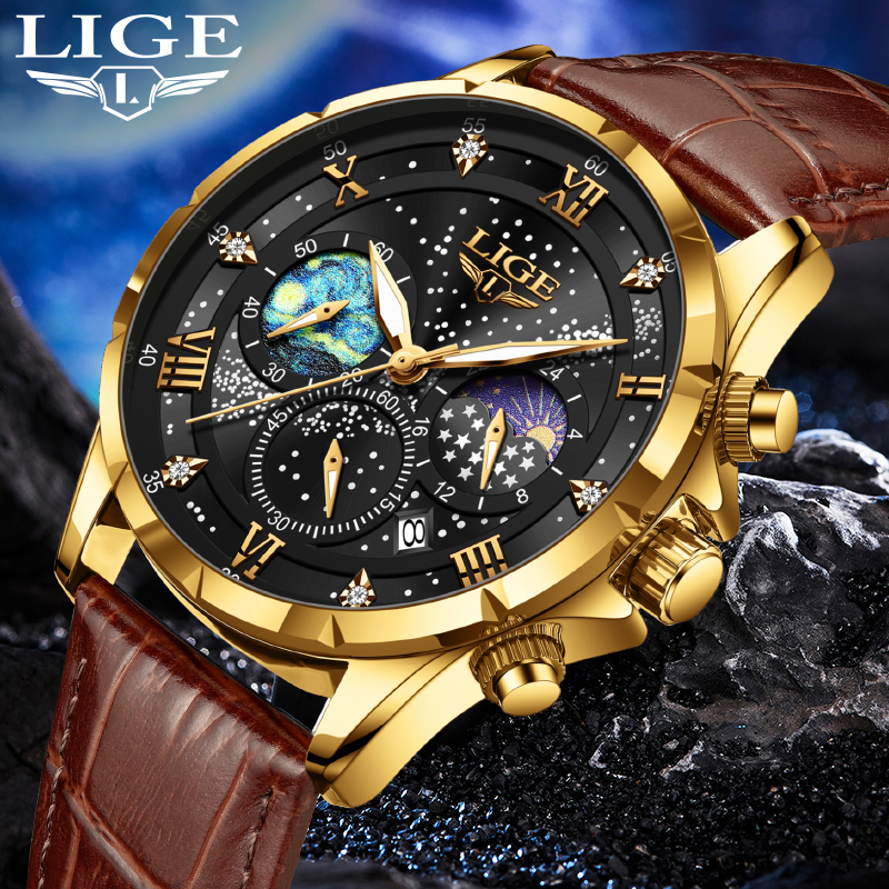 LIGE Men Watches Casual Sport Watch Men Luxury Waterproof Date Luminous Chronograph Wristwatch Male Quartz Watches Leather Clock Star watch