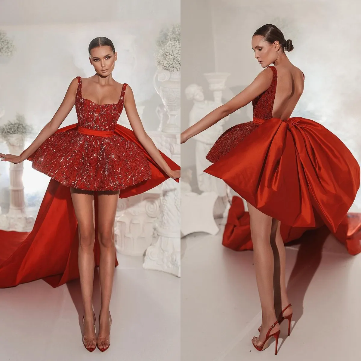 Sexy Red Sequins Short Prom Party Dresses 2025 Sweetheart Neck Backless Hi Low tail Club Evening Ocn Gowns