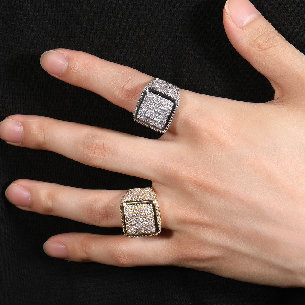 Hip Hop Retro Big Cube Ring 5A Cubic Zircon 18K Gold Plated Finger Ring Jewelry