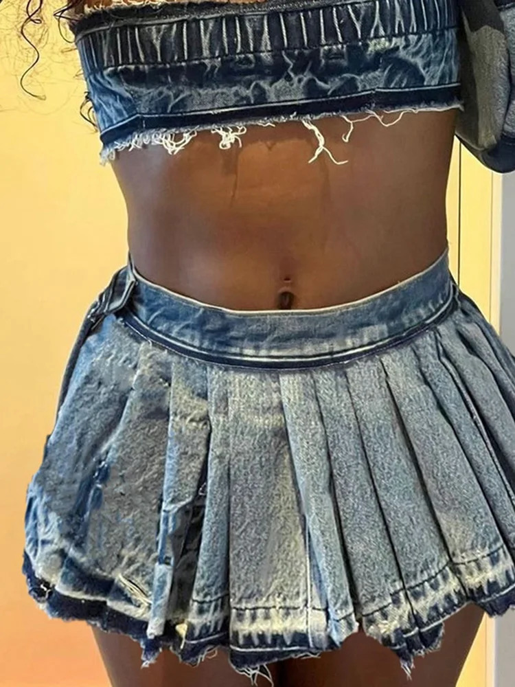 Weird Puss Pleated Mini Skirts Women Summer Trend Denim Vintage Y2K Fashion Wild Streetwear Casual Hipster A-Line Skirt Bottoms 240812