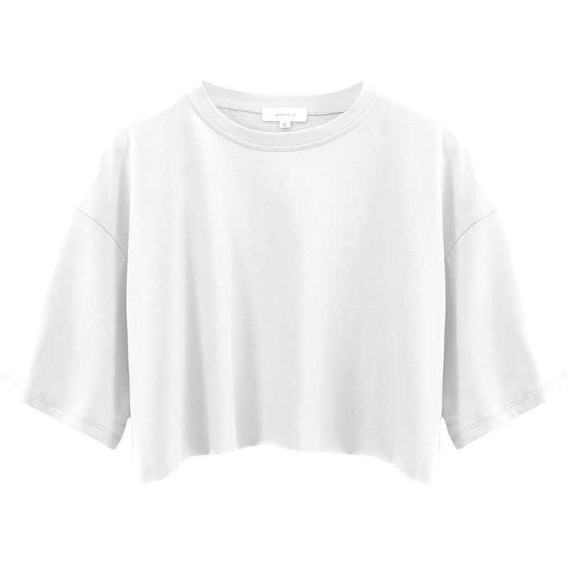 Short Sleeve T-Shirt Women's Summer New Cotton Solid Color Short Exposed Neck Round Neck Sports Style T-Shirt Tops