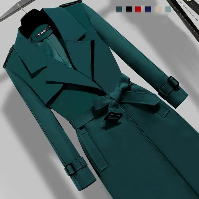 Elegant Belt Long Trench Coat Women Spring One Button Lined Slim Gabardina Office Lady Turndown Collar Fall Overcoat 240725