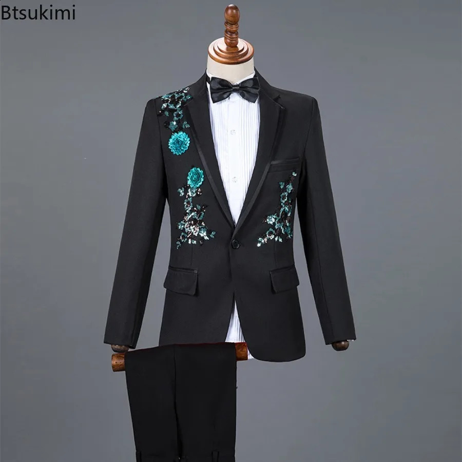 Fashion Sequin Embroidery Suit Men Wedding Groom Tuxedo Suits and Pants 2PCS Sets Single Button Lapel Stage Costume 240807