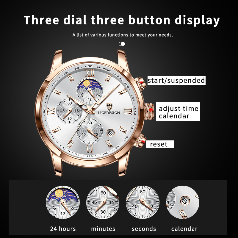 LIGE Men's Quartz Watch 24-hour Moon Phase Calendar Multi-Function Six-pin Watch Classic Business Watch Leather Watch Life Waterproof Watch