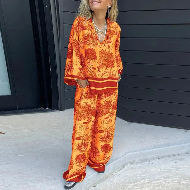 2024 Vintage Suit Sexy V Neck T-shirt Long Pants Outfits Summer Short Sleeve Loose Flare Sleeve Printed Ethnic Style Suit 240724