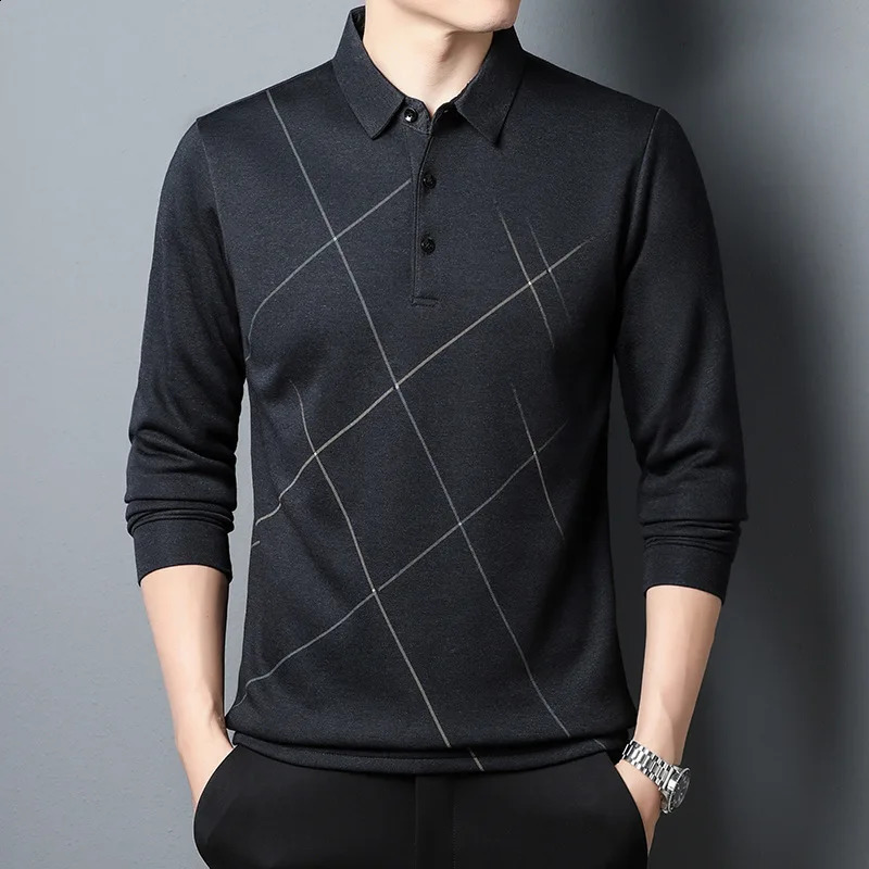 Business Office Casual Striped Solid Color Shirt Male Clothes Spring Autumn Loose All-match Mens Long Sleeve Polo-Neck Shirts 240820