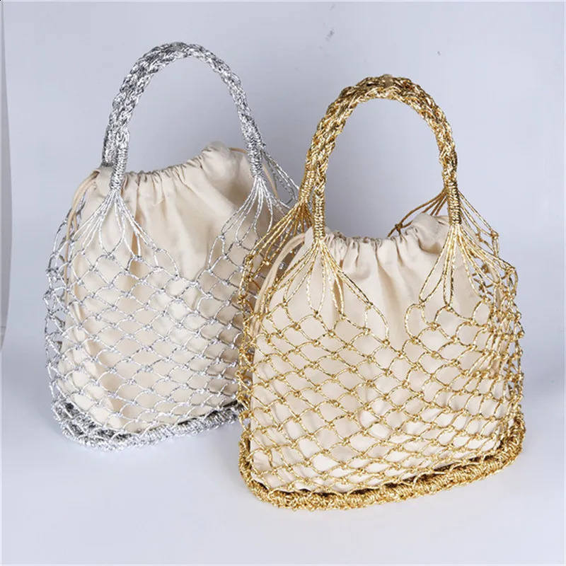 Gold silver 2 color bright paper ropes hollow woven handbag cotton lining straw bag female Reticulate handbag netted beach bag 240724
