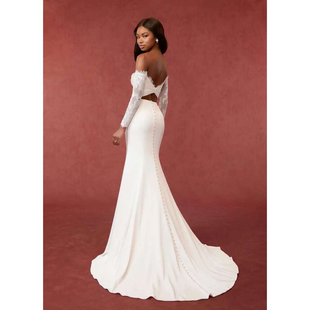 Off Modern The Shoulder Long Sleeves Lace Sheat Wedding Dresses Side Slit Sweep Train Custom Made Vestido De Noival