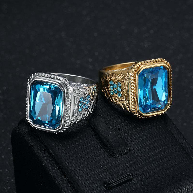Hip Hop Casting Ring Ice Blue Rhinestone Titanium Steel Gold Plated Mens Jewelry