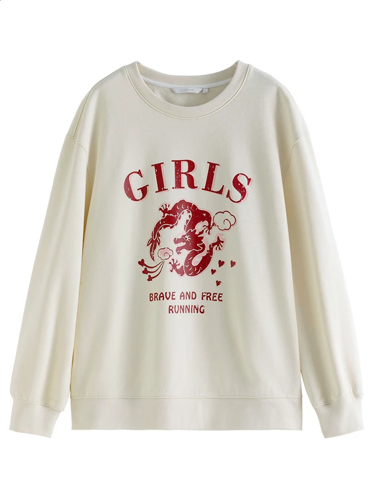 DUSHU round neck casual beige white sports shirt with letter printing for winter womens straight sleeved top wool lining and zipper 240827