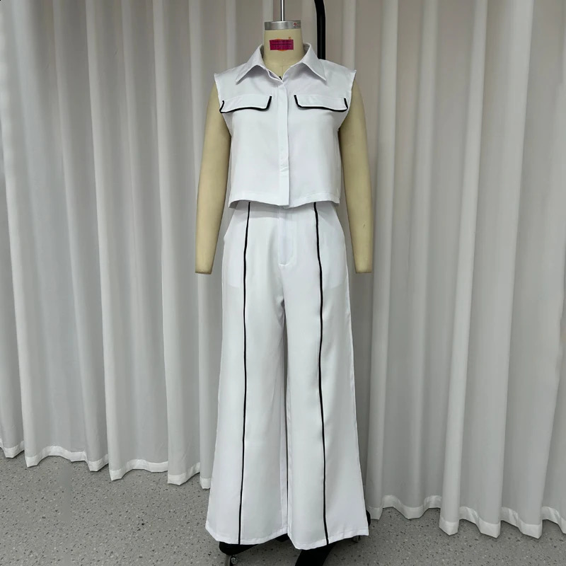 Wefads Women Two Piece Set Office Fashion Laple Contrast Button Sleeveless Vest Jacket Slim Top Loose With Pockets Pants Sets 240813