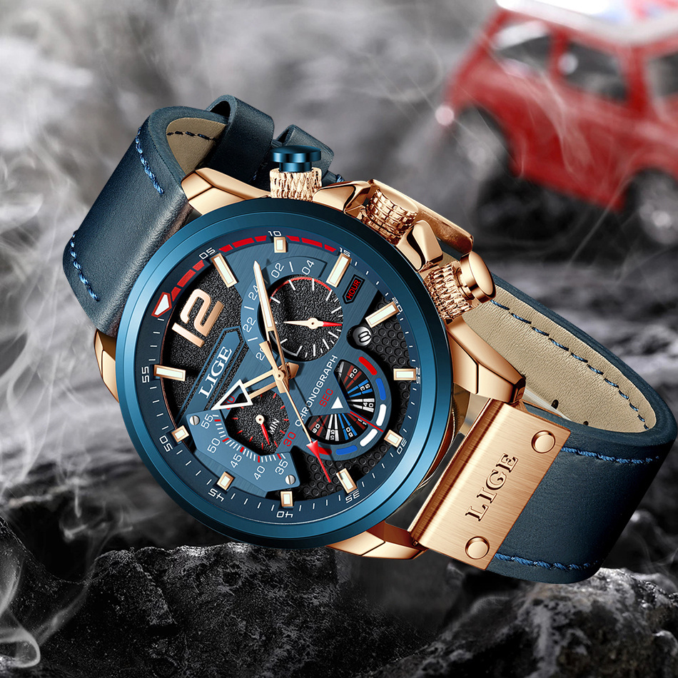 LIGE Fashion Watch Man Luxury Chronograph Sport Mens Watches Quartz Wristwatches Leather Male Waterproof Clock Relogio Masculino
