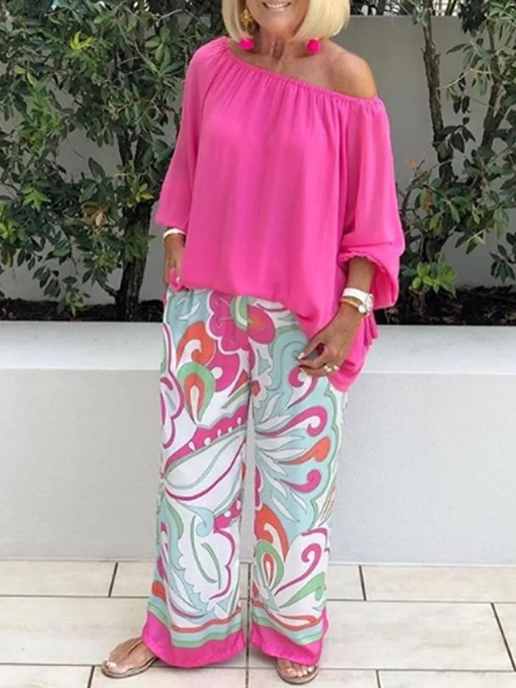 grace sexy One shoulder Loose Long Sleeved T Shirt Set Womens Spring Autumn Leisure Printed Wide Leg Trousers Shirt Two Piece 240813
