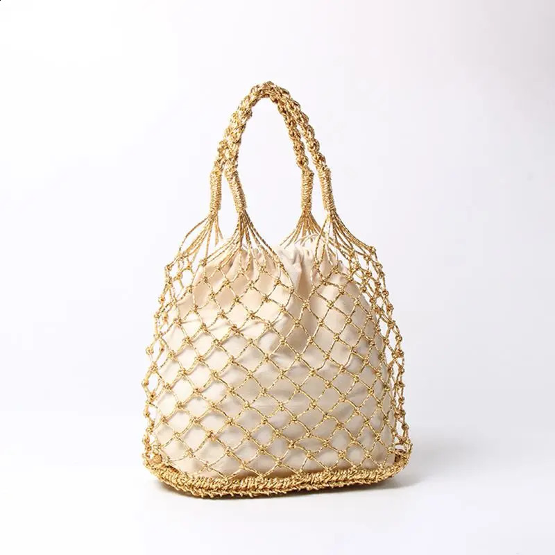Gold silver 2 color bright paper ropes hollow woven handbag cotton lining straw bag female Reticulate handbag netted beach bag 240724