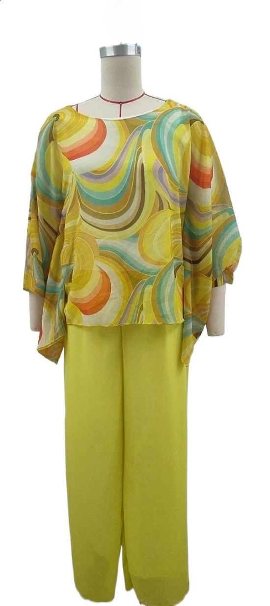 Womens Colorful Chiffon Set Two Piece Suit Summer Print Round Neck Bat Sleeves Irregular Top Wide Leg Pants Casual 2 Piece Set 240813