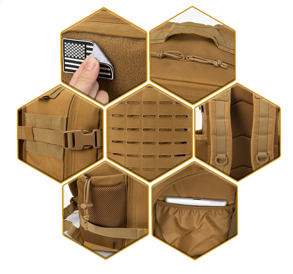 QT QY 25L Mens Survival Tactics Backpack Laser Cutting Molle Daypack Small Bug Out Bag Gym Hking Rucksack with Double Cup Holder 240813