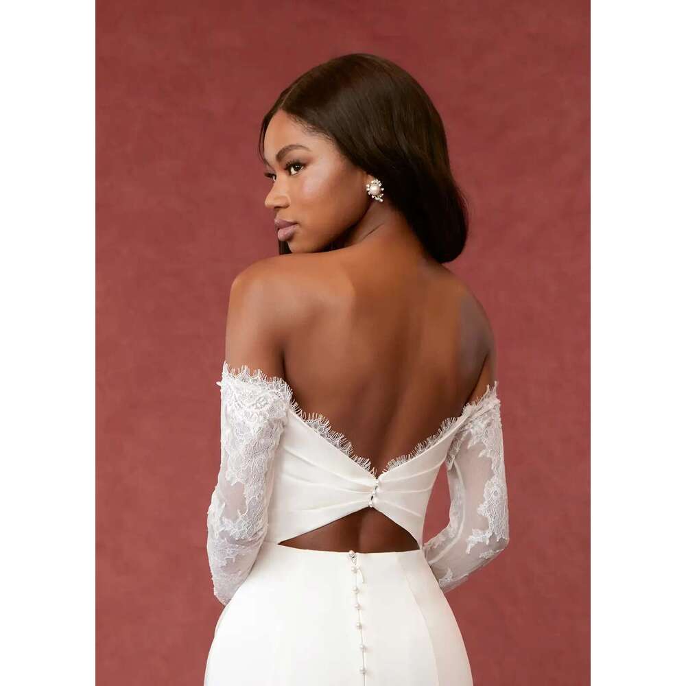Off Modern The Shoulder Long Sleeves Lace Sheat Wedding Dresses Side Slit Sweep Train Custom Made Vestido De Noival