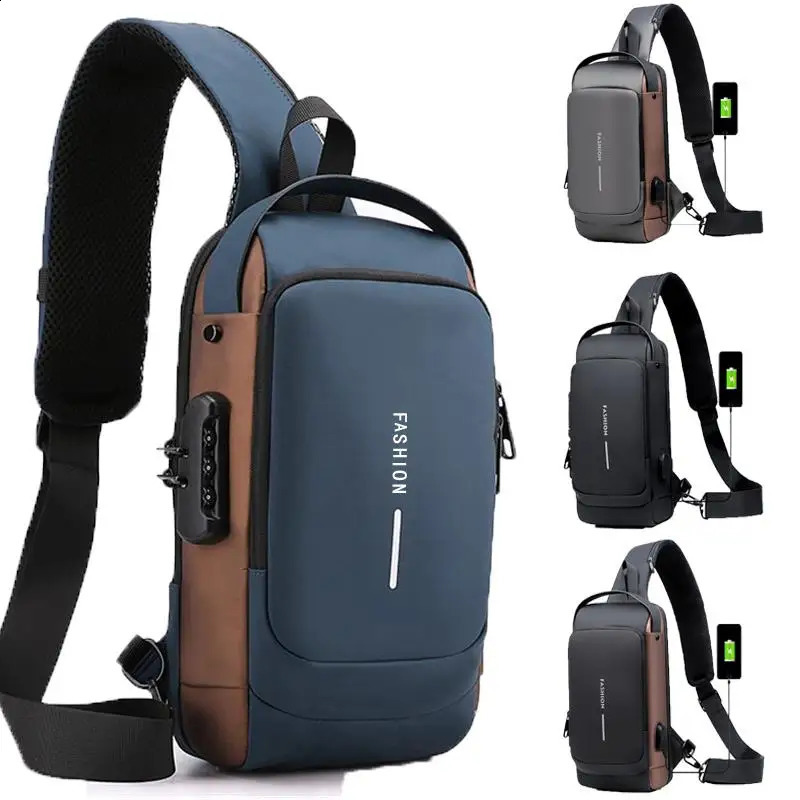 Men Anti Theft Chest Bag Shoulder Bags USB Charging Crossbody Package School Short Trip Messengers Mens Oxford Sling Pack 240724