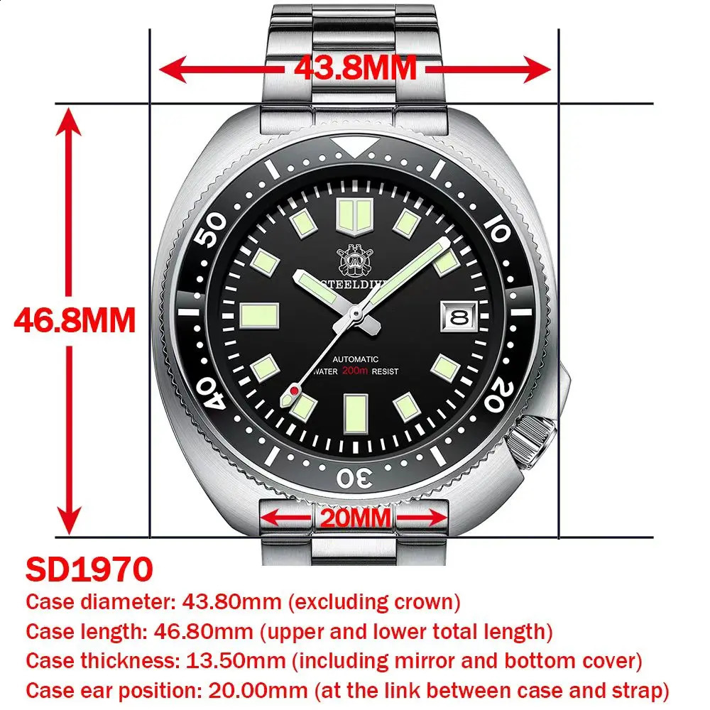 Steeldive SD1970 White Date Background 200M Wateproof NH35 6105 Turtle Automatic Dive Diver Watch 240724