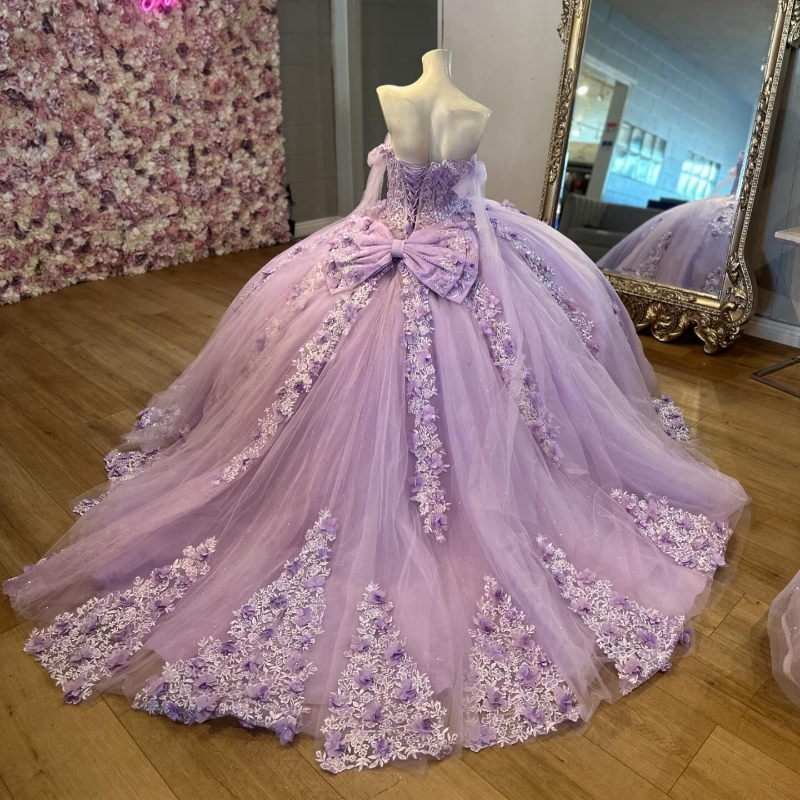 Lavender Shiny Off Shoulder Ball Gown Quinceanera Dresses 3D wers Appliques Lace Beads Tull Corset Sweet 16 Dress Vestido De 15 Anos