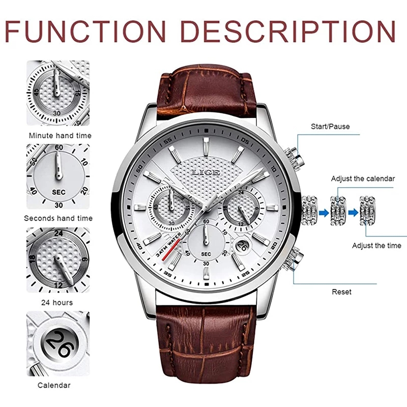 LIGE Fashion Mens Watches LIGE Top Brand Leather Chronograph Waterproof Sport Auto Date Quartz WristWatch For Men Quarzuhr
