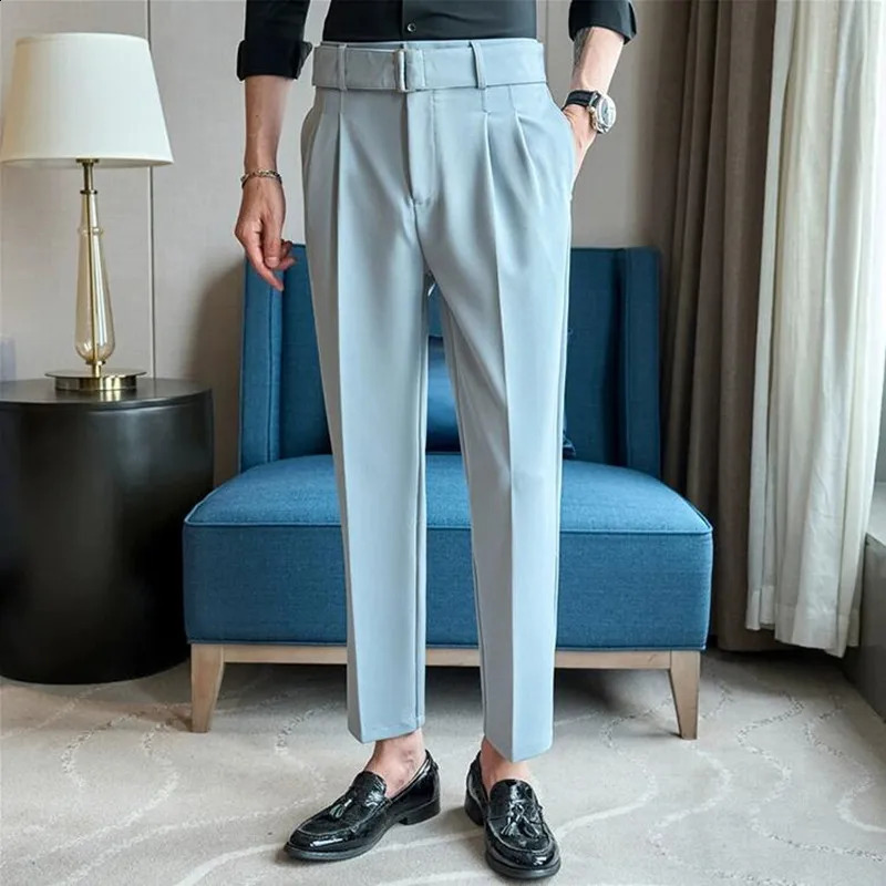 British style autumn belt decoration n set mens Naples high waist casual slim fit social pleated mens style 240828