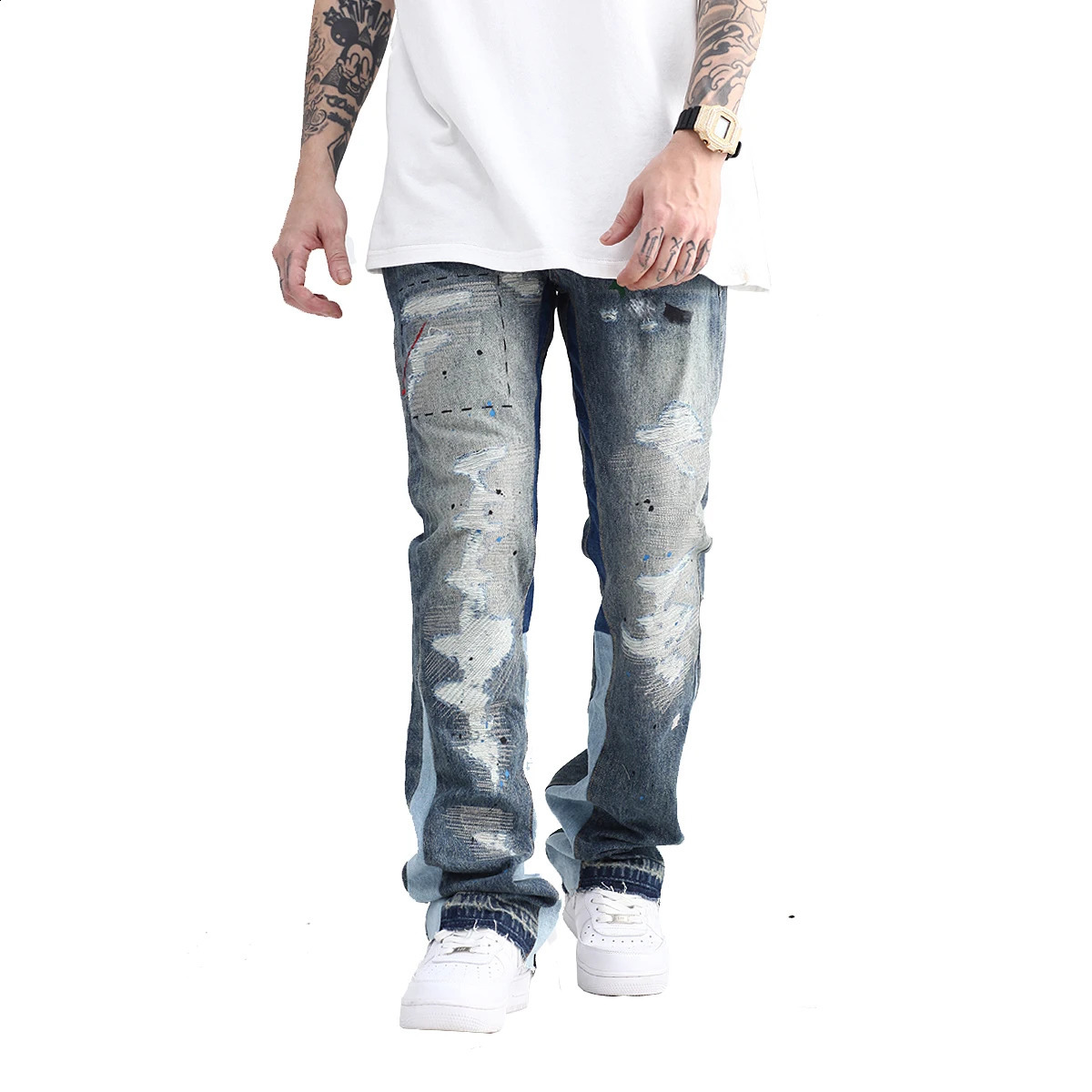 Blue Speckle ink Washed Destroyed Flared Jean Pants Hip Hop Graffiti Ripped Denim Jeans for Men Streetwear Vintage Wide Jeans 240724